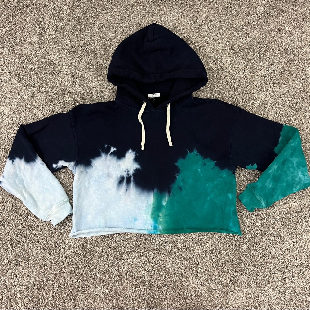 Re/Done Cropped Hoodie in Teal Tie Dye